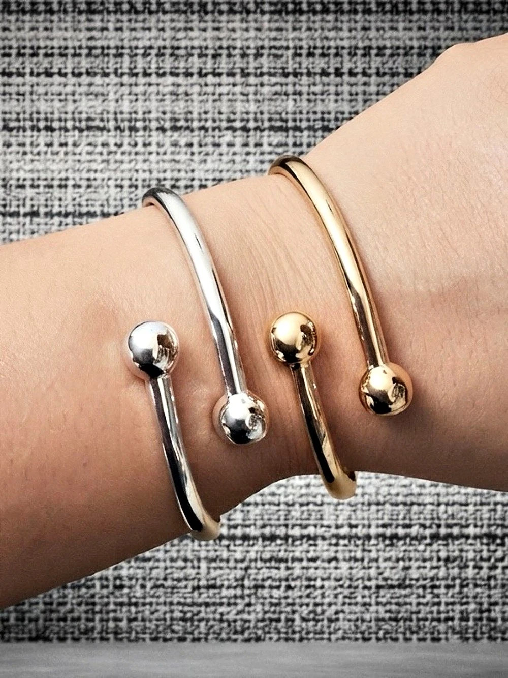 Modern Metal Ball Cuff Bracelet Set Gold & Silver Tone Minimalist Open Bangle